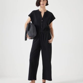 Hush Women's Kendall Pure Cotton Jersey Button Front Jumpsuit - 18REG - Black, Black,Navy